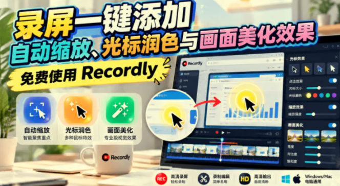 录屏一键添加自动缩放、光标润色与画面美化效果，免费使用Recordly
