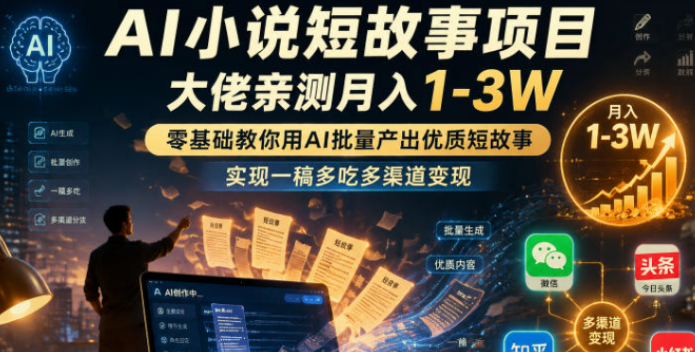 【精】AI小说短故事项目，大佬亲测月入1-3W，零基础教你用AI批量产出优质短故事，实现一稿多吃多渠道变现