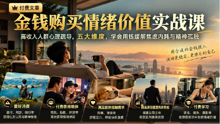 付费文章：金钱购买情绪价值实战课｜高收入人群心理疏导，五大维度，学会用钱缓解焦虑内耗与精神孤独